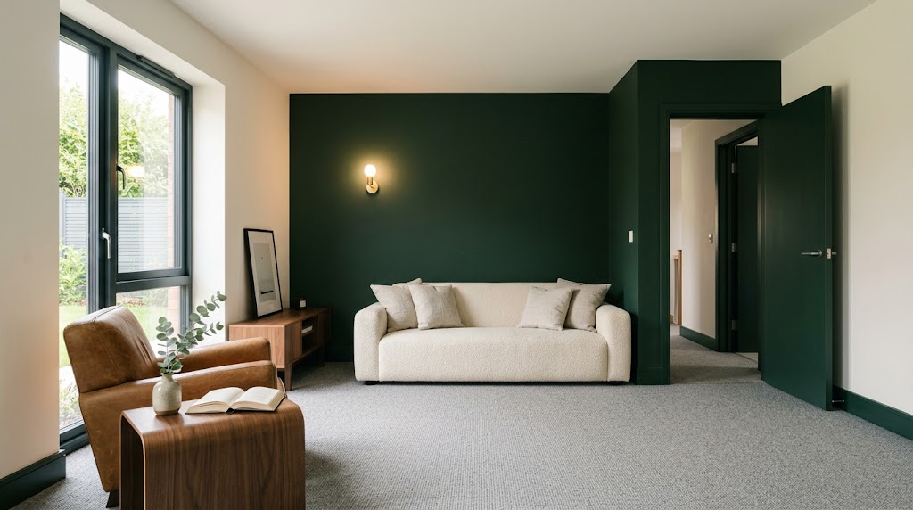 A modern UK lounge with a deep heritage feature wall and new flooring, decorated by Home Style Carpets & Flooring