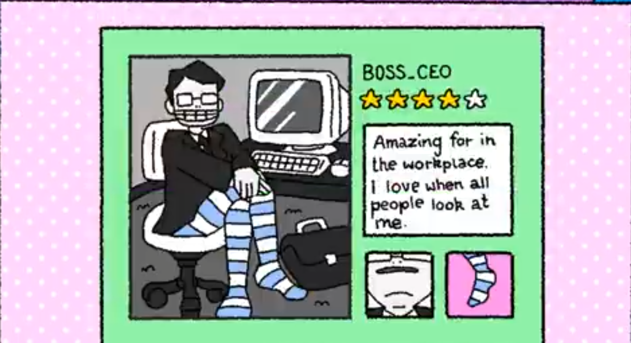 tights review from boss CEO who is otherwise wearing a suit and sitting cross legged in a chair that says amazing for in the workplace I love when all people look at me