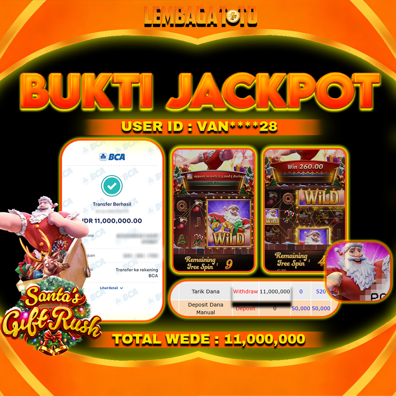 BUKTI JACKPOT 05 JANUARI LEMBAGATOTO SANTA S GIFT RUSH Rp11,000,000,- LUNAS