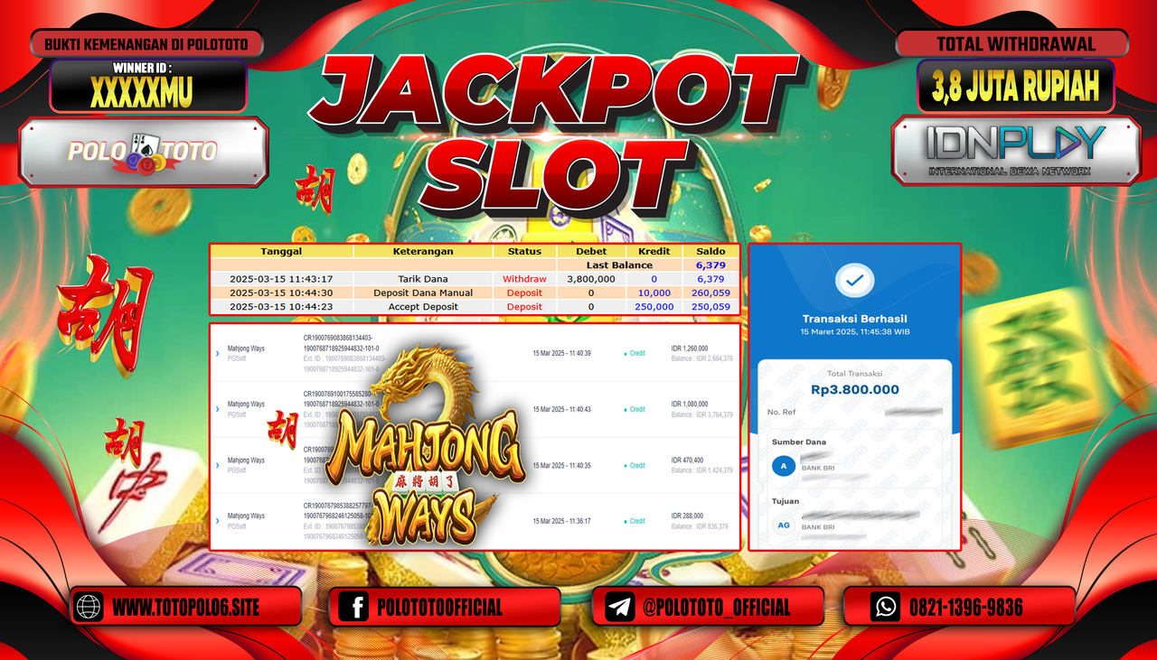 POLOTOTO JACKPOT SLOT MAHJONG WAYS Rp.3.800.000,-