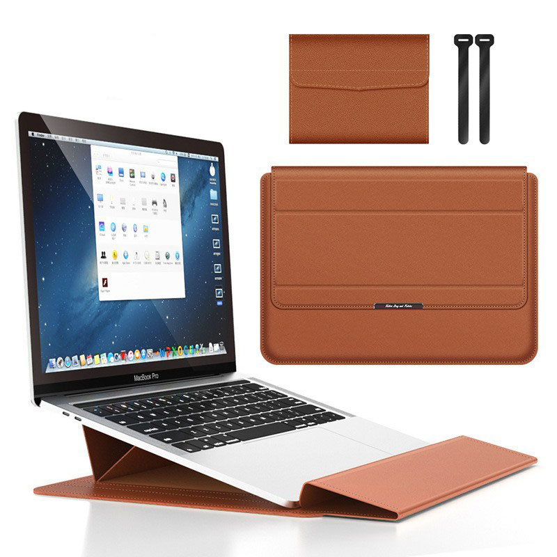 Brown 3-in-1 Laptop Sleeve with Built-In Stand & Wrist Rest – Waterproof PU Protective Case for 13/14 Inch Laptops, Portable and Ergonomic Design