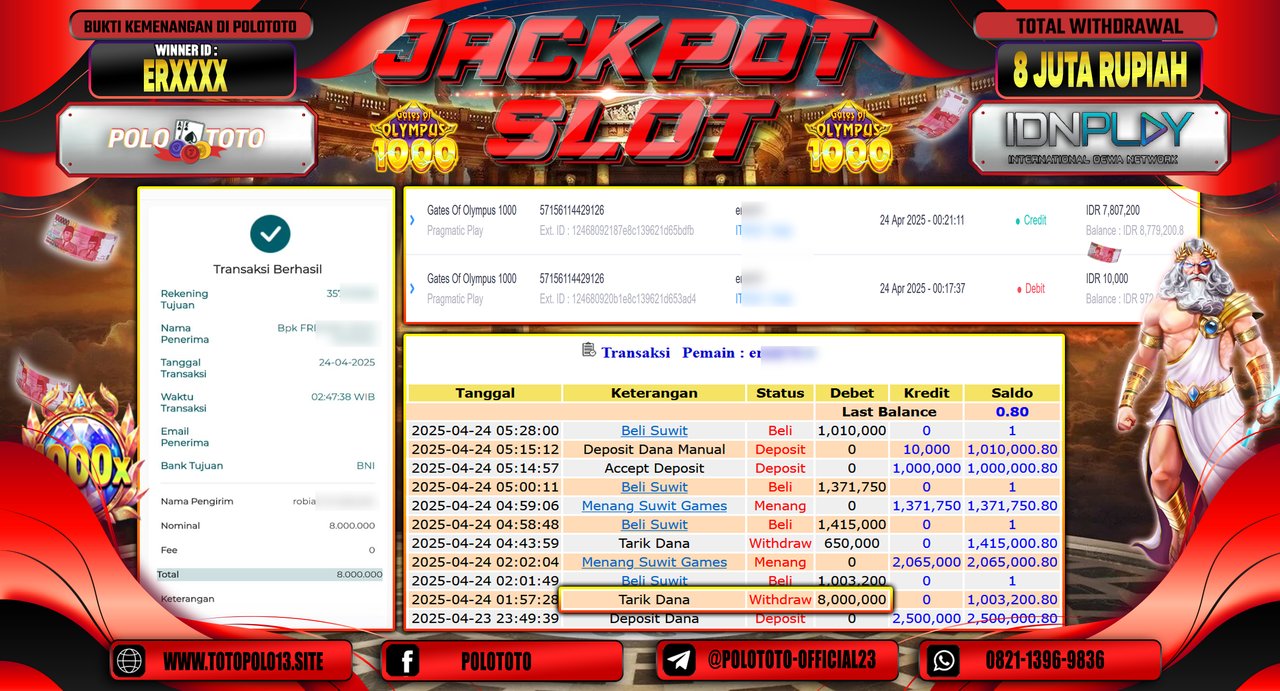 POLOTOTO JACKPOT SLOT GATES OF OLYMPUS 1000 Rp.8.000.000,-