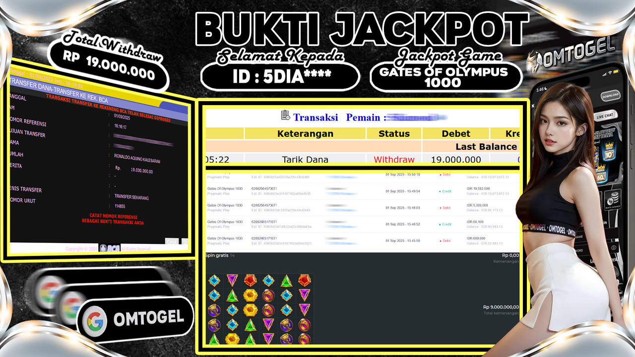 OMTOGEL JACKPOT PRAGMATIC PLAY GATES OF OLYMPUS 1000 19 JUTA DI BAYAR LUNAS ,-
