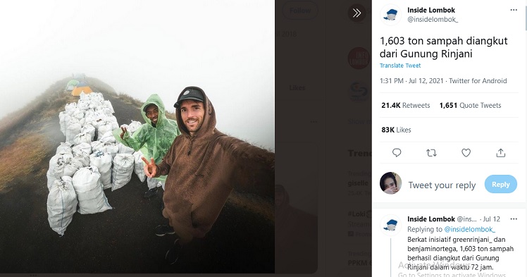 Seorang bule berhasil mengangkut 1,6 ton sampah dari Gunung Rinjani selama 72 jam.