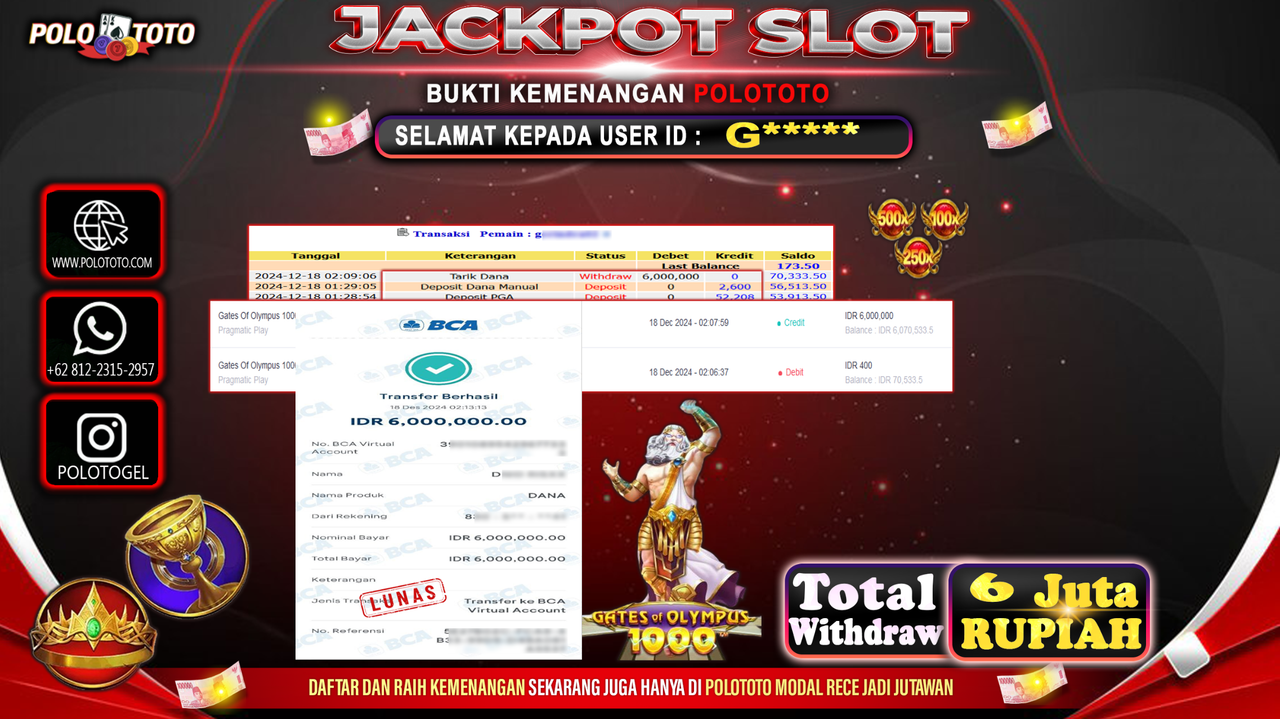 POLOTOTO JACKPOT SLOT GATES OF OLYMPUS 1000 Rp.6,000.000,-