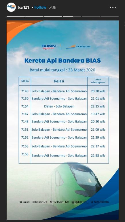 Jadwal perjalanan kereta bandara Adi Soemarmo Solo yang dibatalkan, mulai Selasa (23/3/2020).