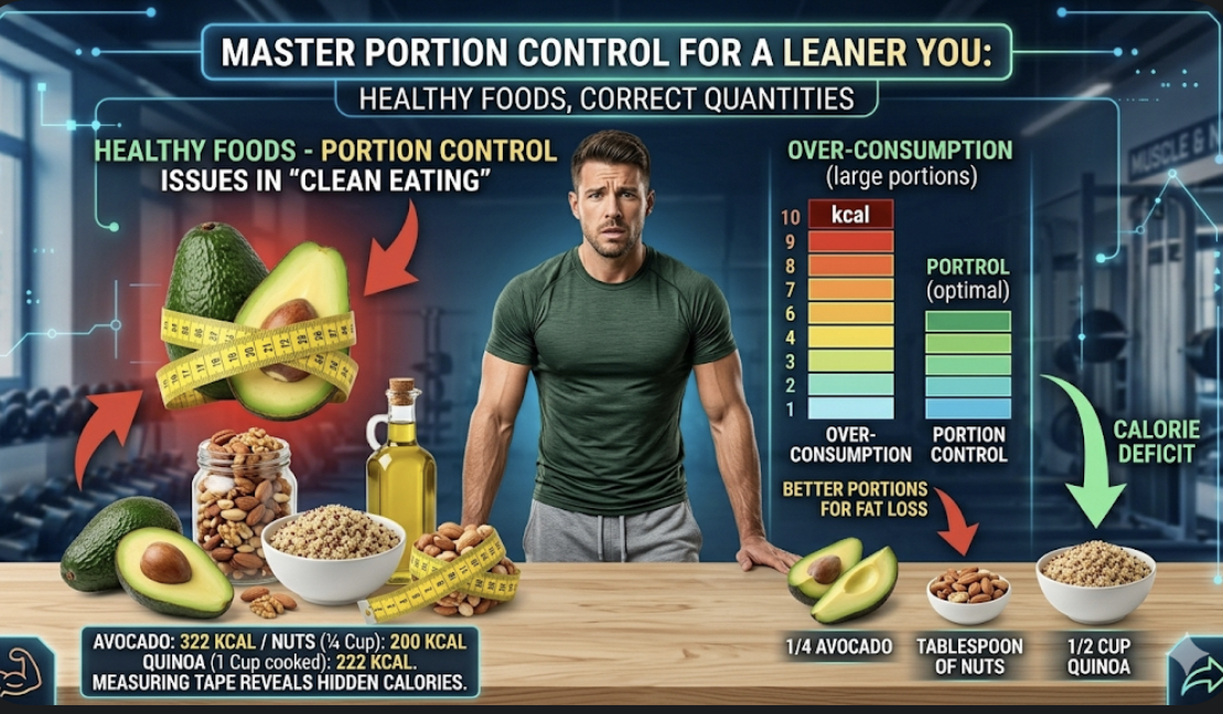 Healthy foods like avocado nuts and quinoa arranged with measuring tape showing portion control issues in clean eating for fat loss
