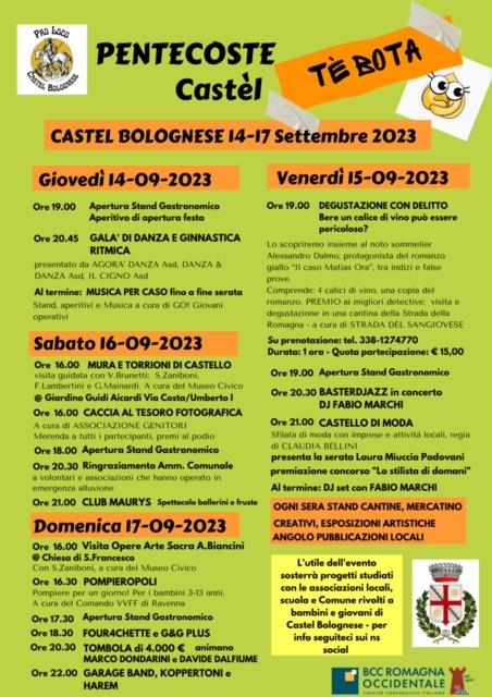 La Pro Loco di Castel Bolognese riparte da “Pentecoste Castèl tè bota”,dal 14 al 17 settembre in Piazza Bernardi La Pro Loco di Castel Bolognese riparte da “Pentecoste Castèl tè bota”,dal 14 al 17 settembre in Piazza Bernardi