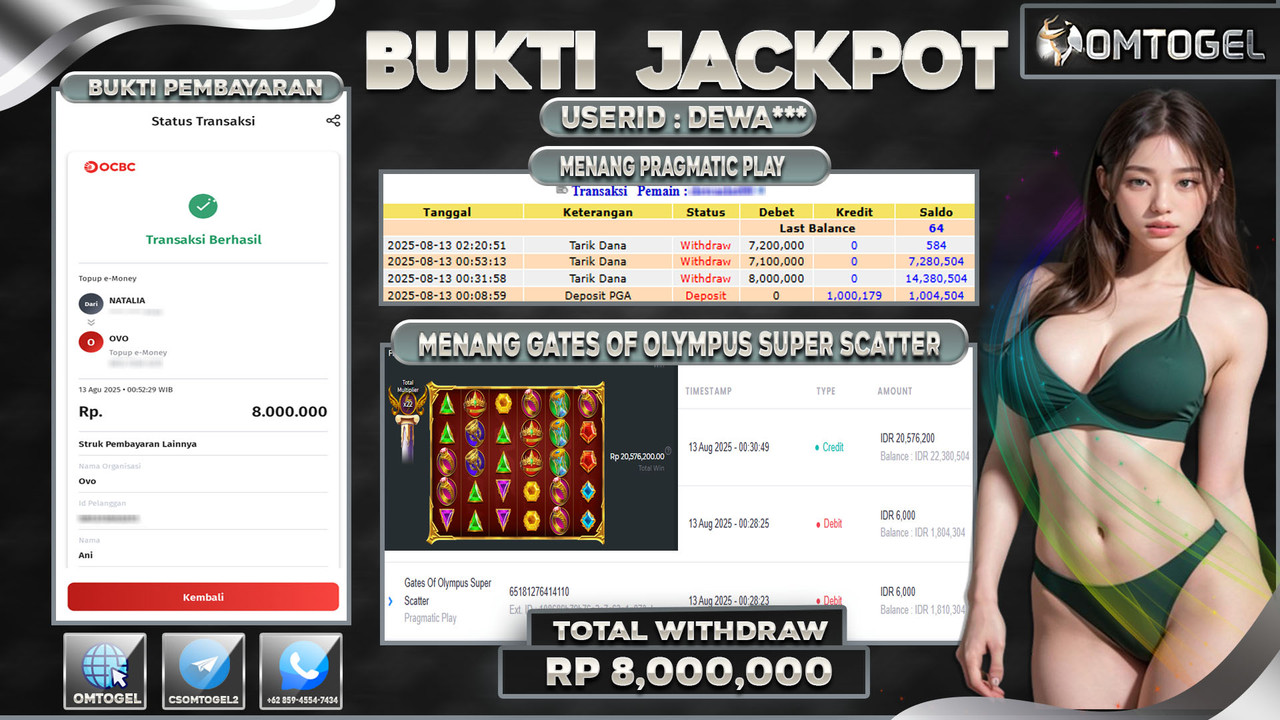 OMTOGEL JACKPOT PRAGMATIC PLAY GATES OF OLYMPUS SUPER SCATTER 8 JUTA DI BAYAR LUNAS ,-