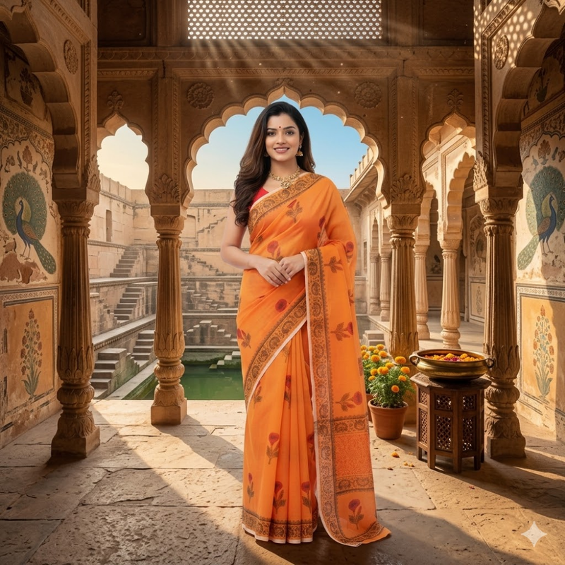 Pure Chanderi Silk Handblock Printed Saree - Traditional Indian Ethnic Wear for Women by Qyaari