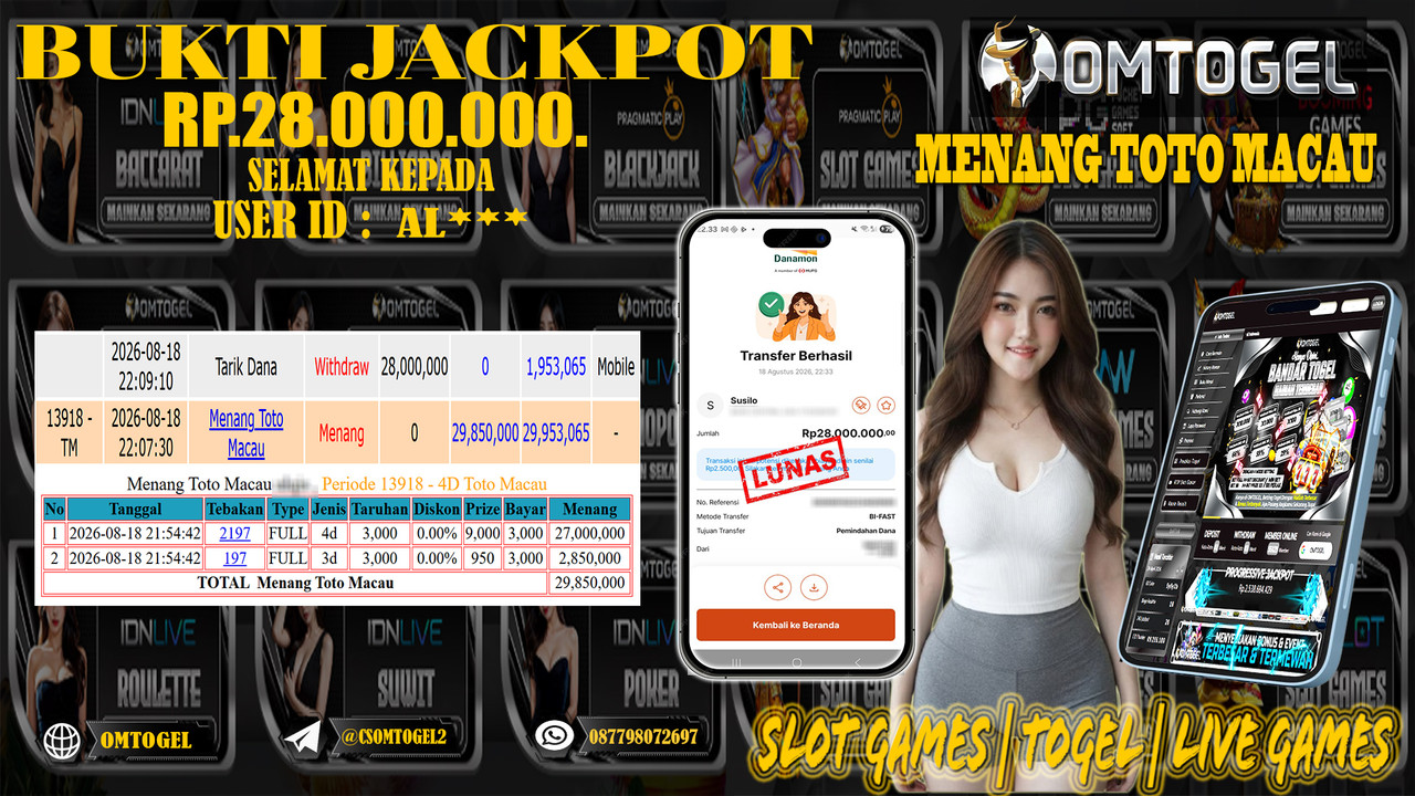 OMTOGEL JACKPOT MENANG TOTO MACAU 4D Rp,28,000,000,- DIBAYAR LUNAS