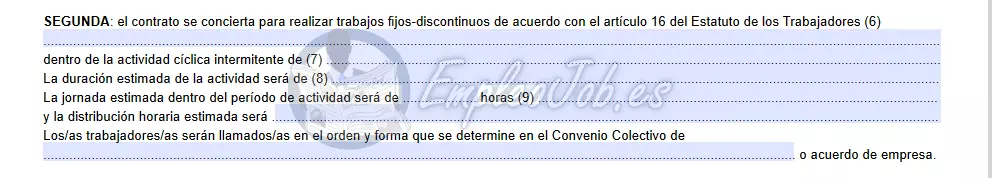 Cláusula segunda del contrato de trabajo, donde se debe indicar la jornada del trabajador