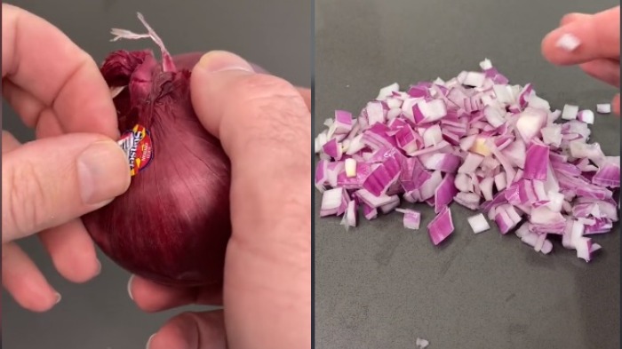 Video pria potong bawang merah tanpa pisau.