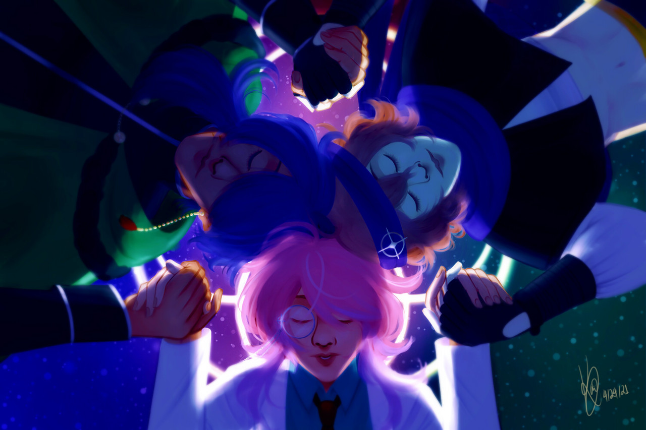 On top, Fling Posse (Hypnosis Mic), set in Stella (Ramuda as the scientist, Gentaro as the thief, and Dice as the king). They are lying on the stars, on top of a sigil from the Stella PV that represents their bond; they are all holding each others' hands with their heads meeting in the center. Their eyes are closed, but they are content -- happy with each other. While mostly cool, galactic colors, the stars are shaded in blues, reds, and greens to represent RGB (or, Fling Posse). The light shines from underneath them. On the bottom, Fling Posse, in the same pose as the Stella-verse piece, but now in their modern day attire. Now they are shaded in black to represent their Black Journey, with the background being yellow. They lay on top of another sigil that represents how their bond reincarnated to the modern era.