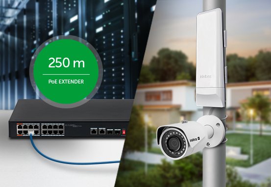 Diagrama mostrando como conectar câmeras mais distantes com o SF 1822 Hi-PoE.