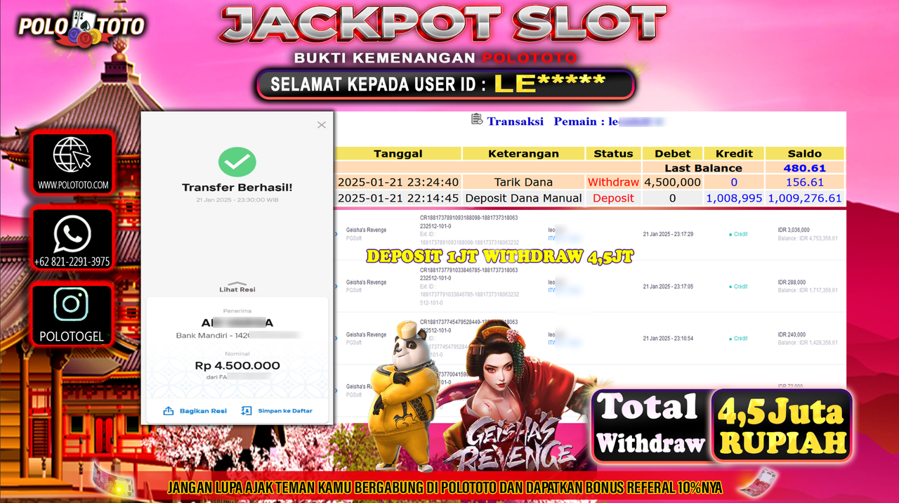 POLOTOTO JACKPOT SLOT GEISHA REVENGE Rp.4,500.000,-
