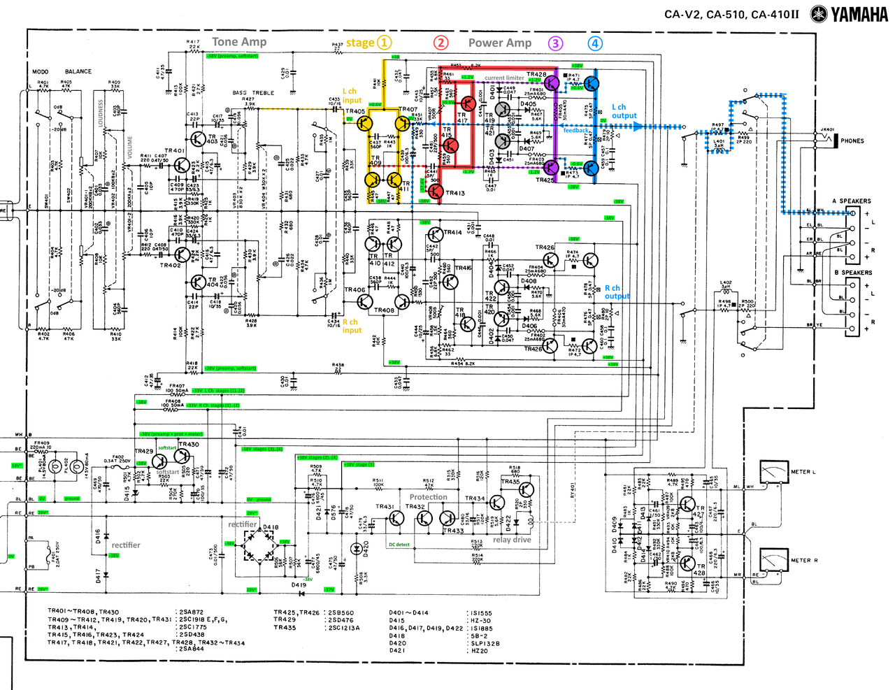 Yamaha CA V2 CA 510 CA 410II schematic detail amp and supply stages marked voltages added