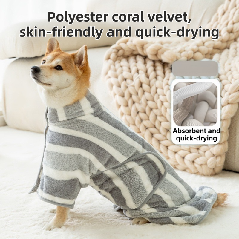 Brown Stripes Super Absorbent Pet Bathrobe with Waist Belt & Neck Snap - Full Coverage Quick-Drying Towel for Dogs & Cats (L Size)