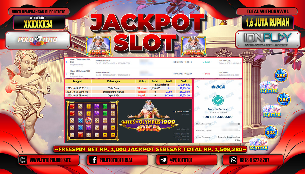 POLOTOTO JACKPOT SLOT GATES OF OLYMPUS 1000 DICE Rp.1.600.000,- LUNAS
