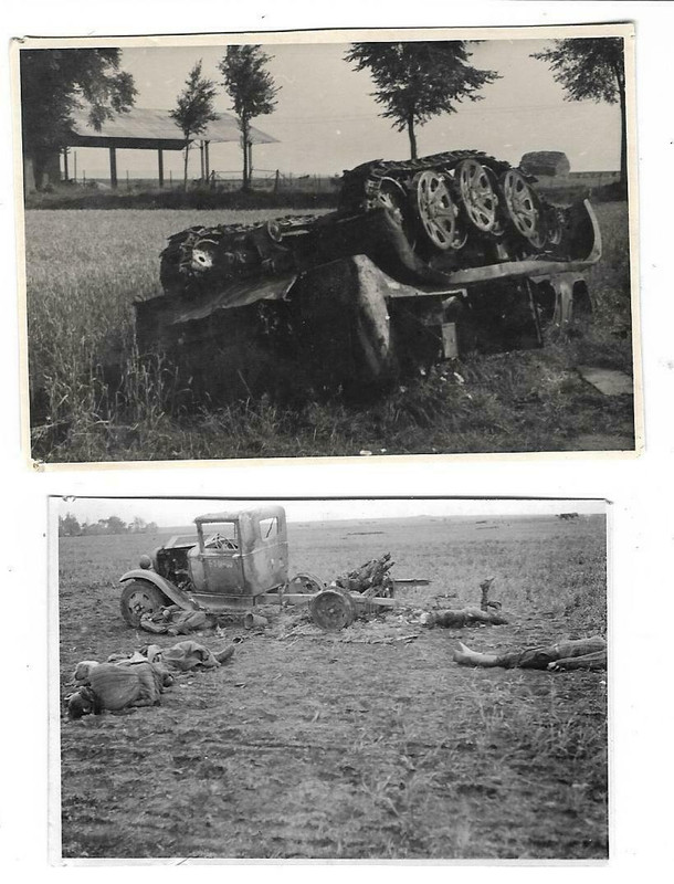Fotos zerstörter Panzer und LKW mit gefallenen