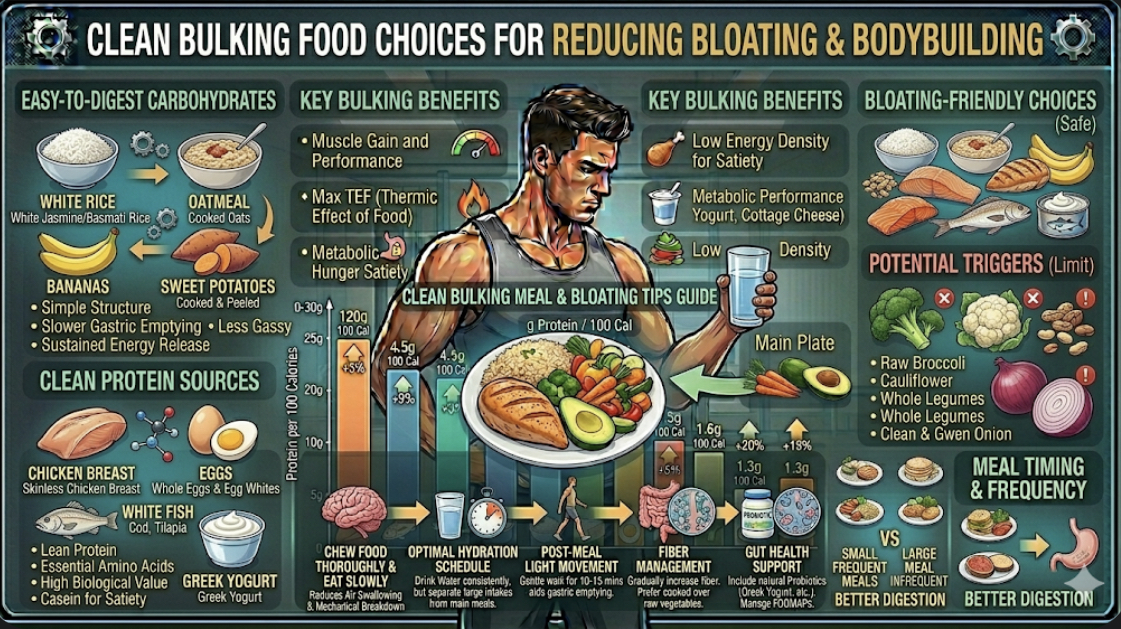 Clean bulking food choices showing easy-to-digest foods like white rice chicken eggs and bananas to reduce bloating bodybuilding