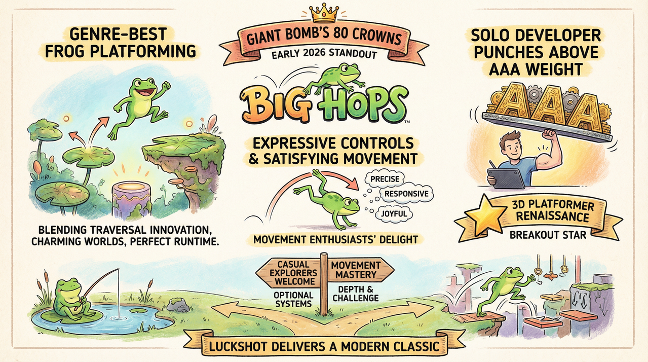 Cute frog platformer character swinging through colorful world representing Big Hops gameplay