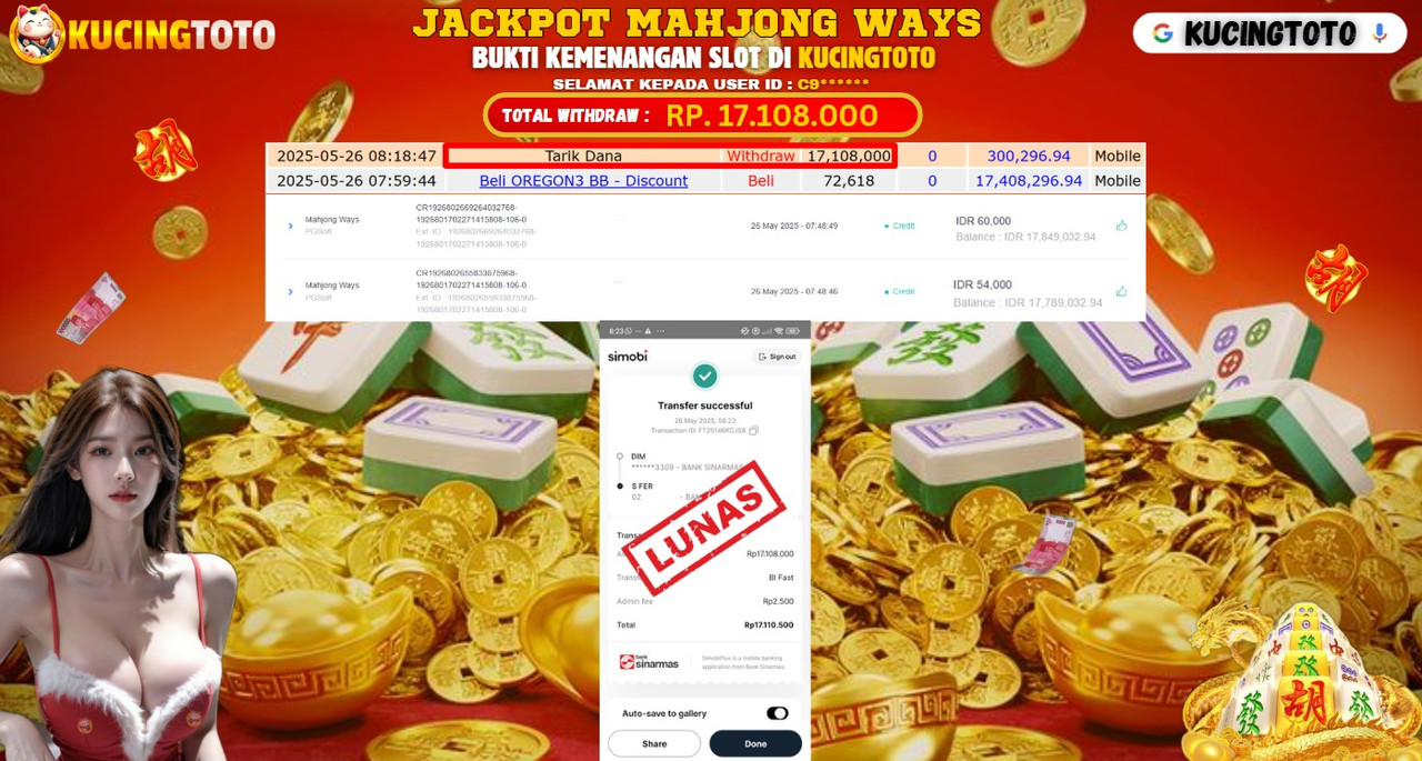 KUCINGTOTO JACKPOT SLOT MAHJONG WAYS RP.17.108.000.,- LUNAS