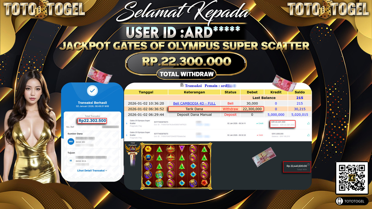 Bukti Pembayaran Jackpot Permainan Slot Gates Of Olympus Super Scatter ID:ARD**** LUNAS