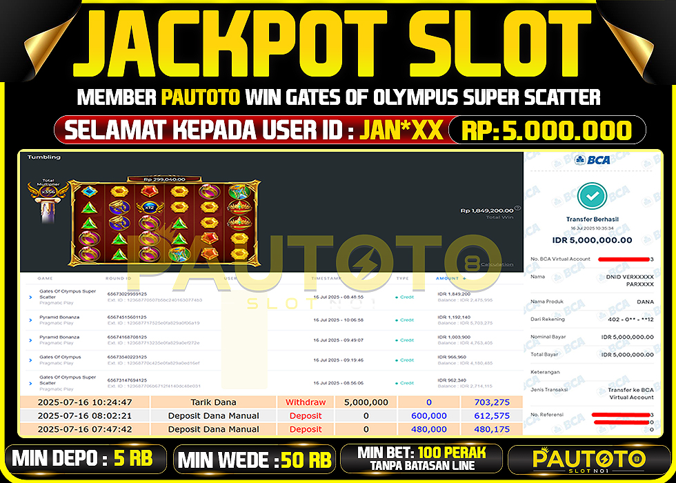 BUKTI PEMBAYARAN TGL 16 JULY 2025 MENANG DI PERMAINAN GATES OF OLYMPUS SUPER SCATTER TOTAL WD 5 JUTA