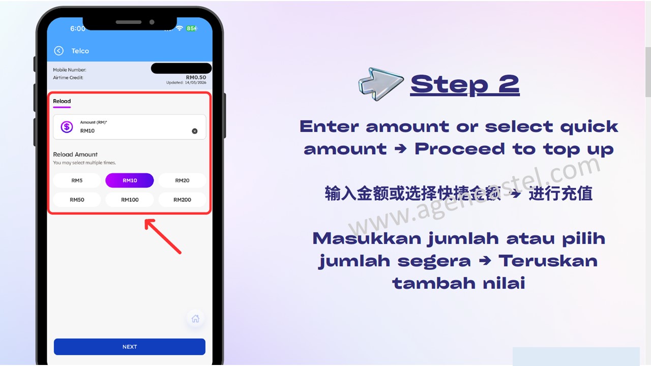 Step 2 masukkan jumlah topup Eastel