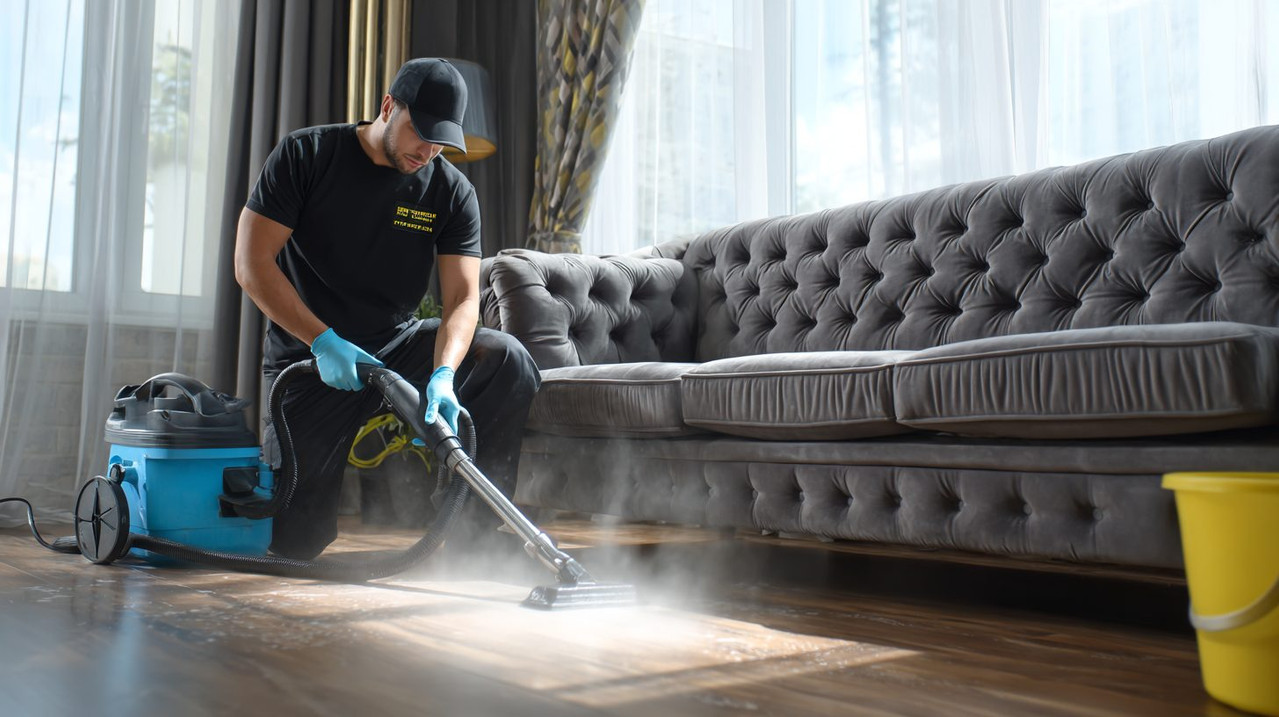 Специалист проводит профессиональную чистку обивки дивана с помощью экстрактора