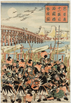 Gemälde der Ronin von Utagawa Kuniyoshi. Darstellung kurz vor dem Angriff auf das Anwesen.