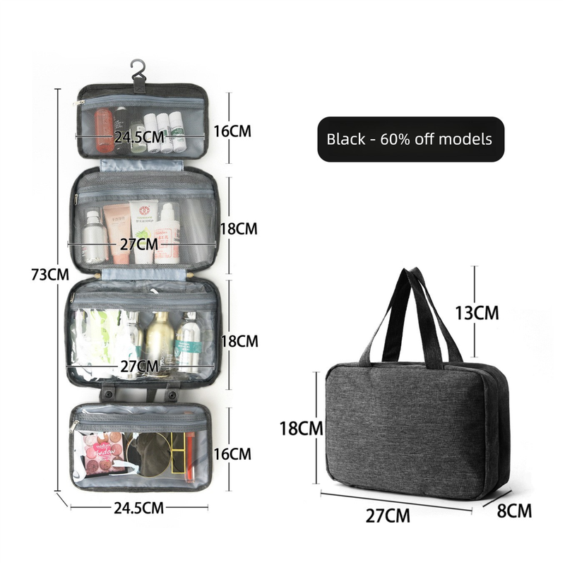 Black Waterproof 4-Fold Hanging Toiletry Bag with Wet/Dry Separation for global Travel & Cosmetics
