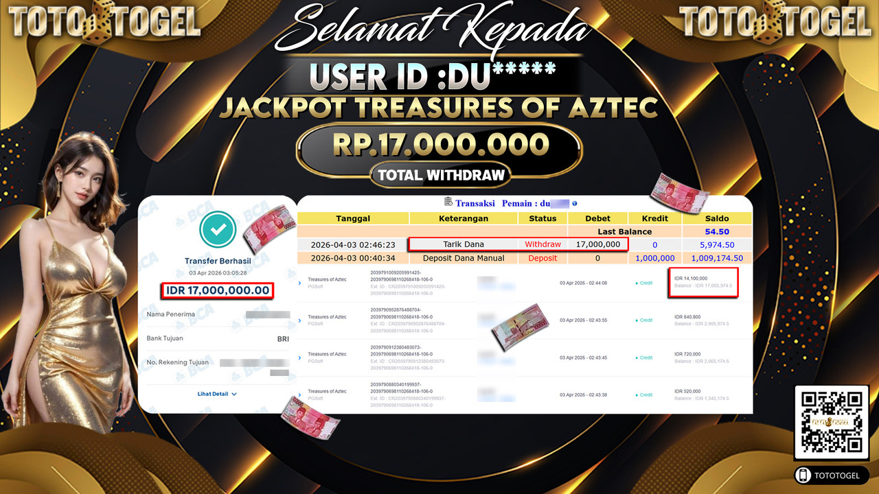 Bukti Pembayaran Jackpot Permainan Slot Treasures Of Aztec ID:DU*****LUNAS
