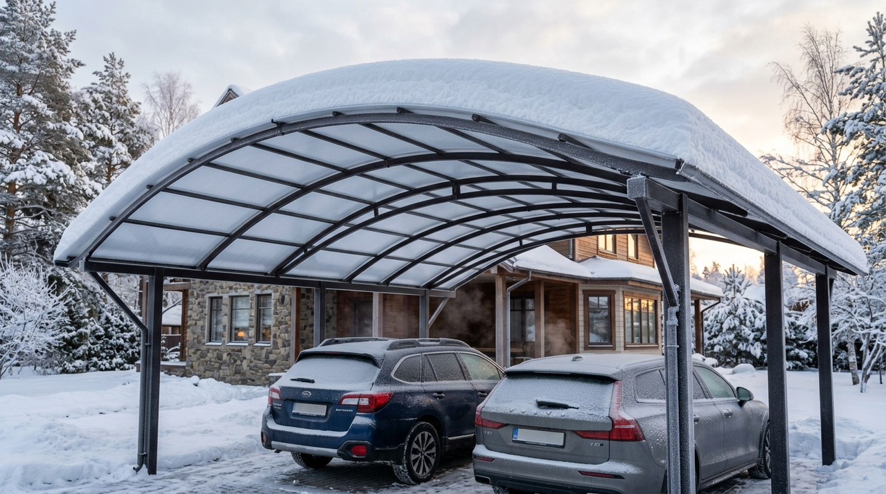 Навес из поликарбоната 10 мм под слоем снега выдерживает нагрузку зимой