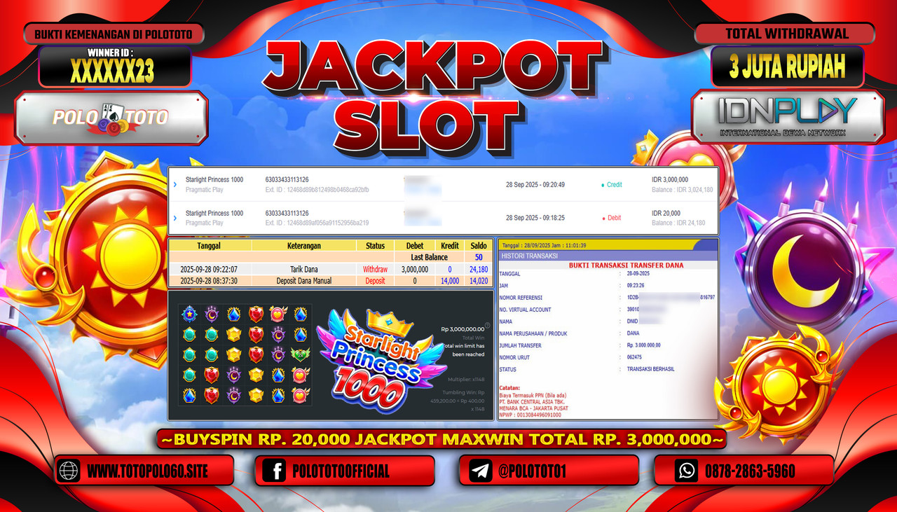 POLOTOTO JACKPOT SLOT STARLIGHT PRINCESS 1000 Rp.3.000.000,- LUNAS
