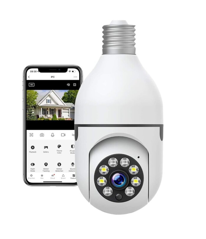 Cámara de seguridad WiFi con forma de bombilla, giratoria.