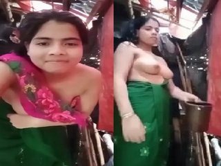 Before bathing, a village desi girl shows her lover her nude body