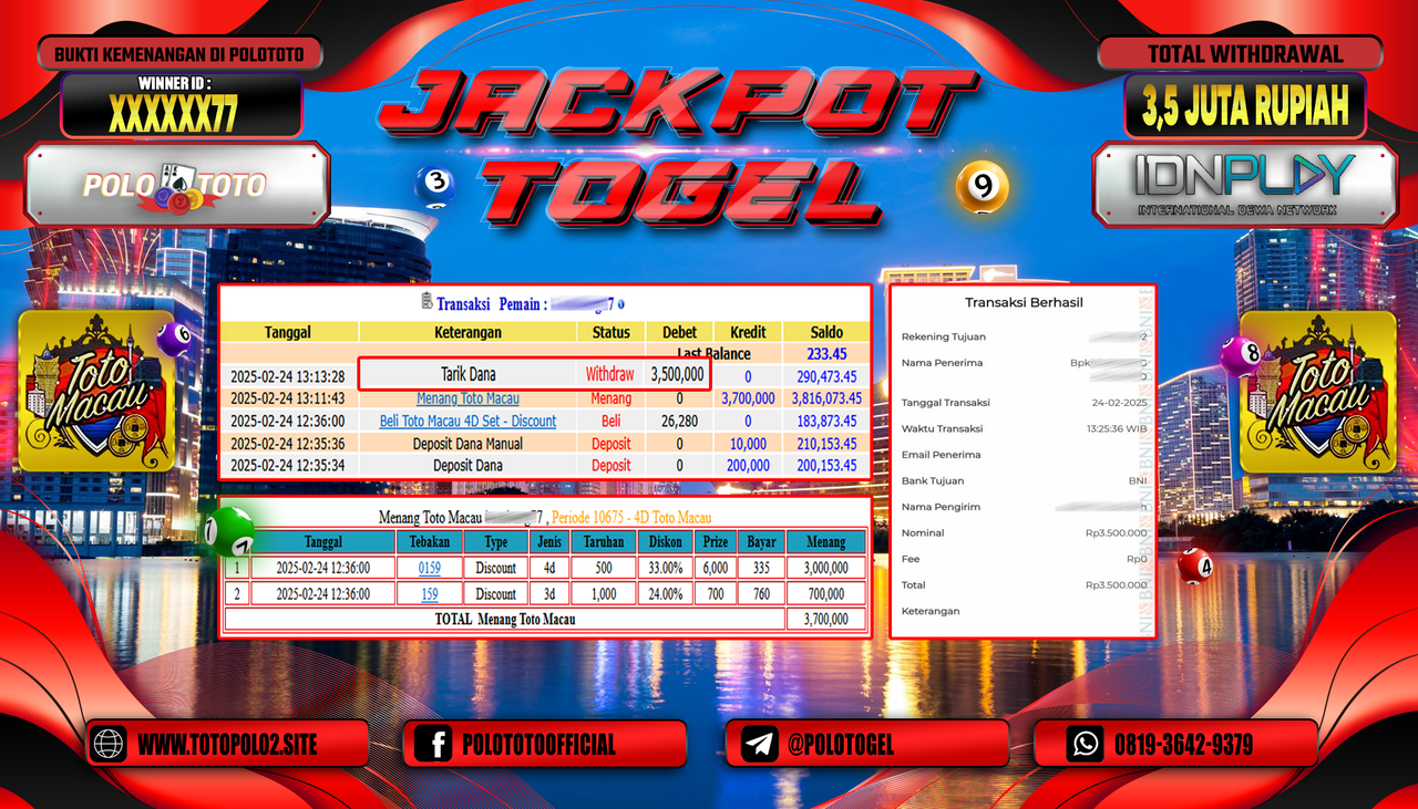 POLOTOTO JACKPOT TOGEL TOTO MACAU 4D Rp.3.500.000,- 