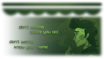 a drawing of archie from knuckle sandwich by me. it is completely green with lyrics from the song "bleed magic" by idkhow on it in the font hollow point. it matches with the bottom image