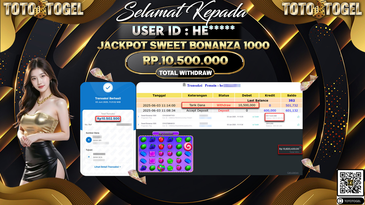 Bukti Pembayaran Jackpot Permainan Slot Sweet Bonanza 1000 ID:HE***** LUNAS