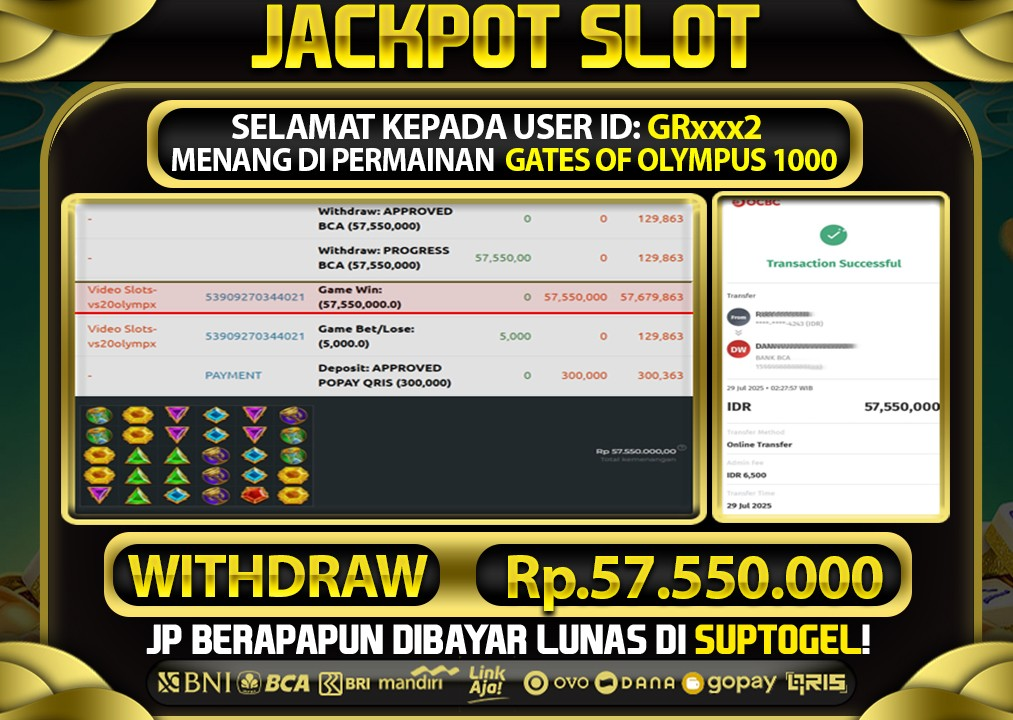  BUKTI KEMENANGAN 28 JULY 2025 MENANG DI PERMAINAN GATES OF OLYMPUS 1000 TOTAL WD 57 JUTAAN