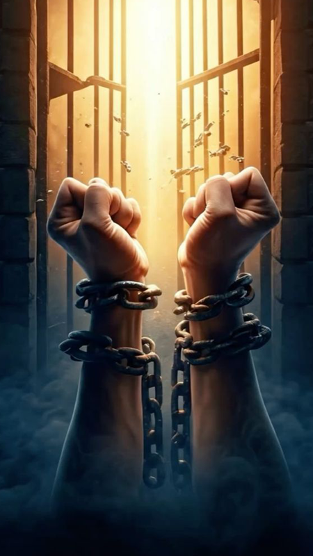 An image symbolizing freedom and spiritual deliverance, with hands breaking chains against a bright, hopeful sky.
