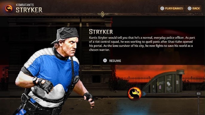 A screenshot from Mortal Kombat Legacy Collection that shows Stryker's bio.