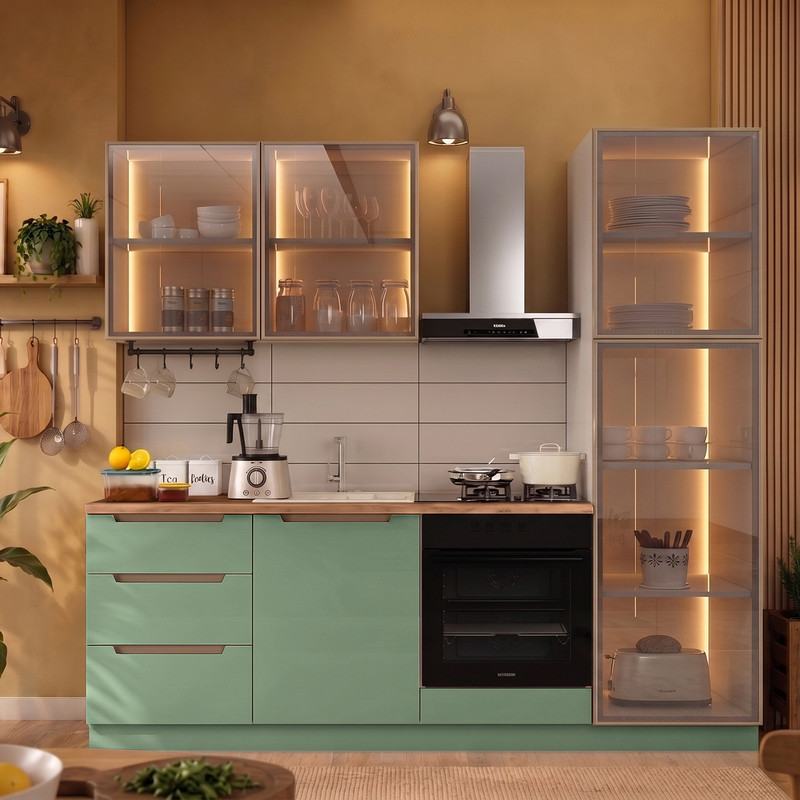 Hera 230 cm Mutfak Dolabı Seti %100 MDF Ledli Boy Dolaplı Fırın Modüllü Çekmeceli Raflı Mutfak Dolabı Takımı 6 Modül Tezgah Dahil Yeşil Bej