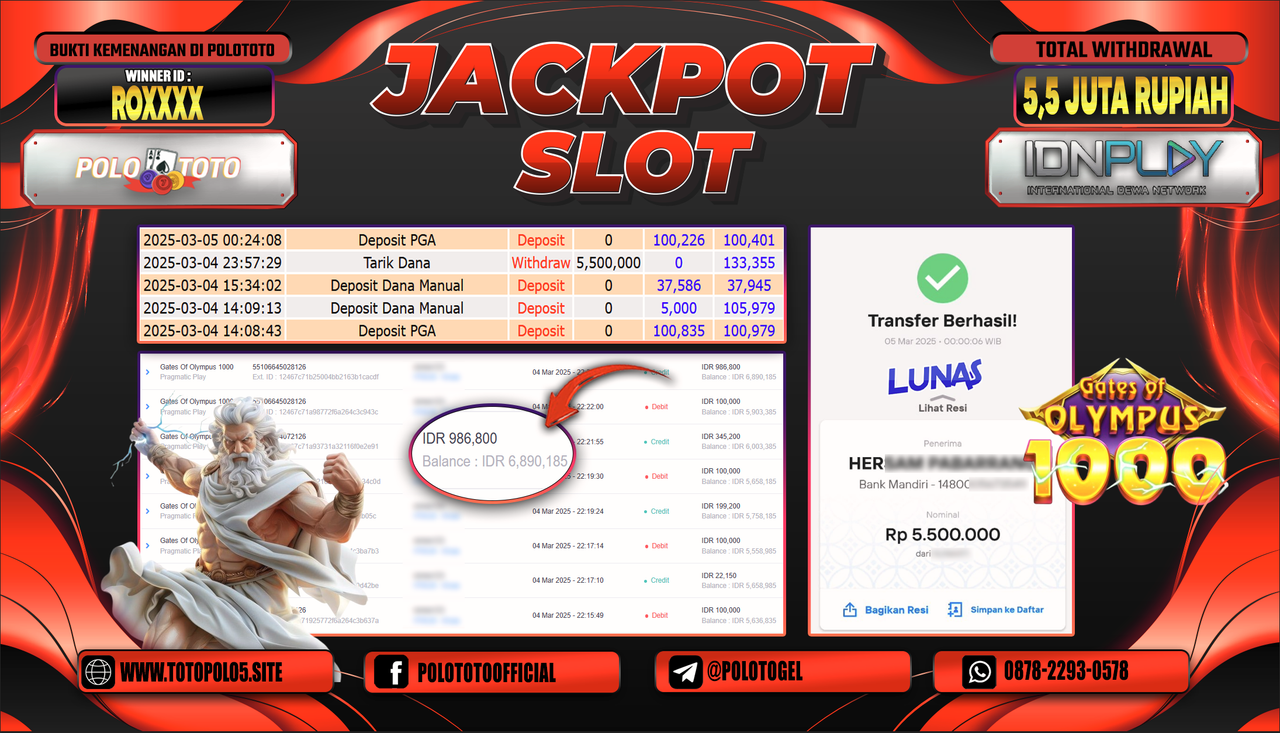POLOTOTO JACKPOT SLOT GATES OF OLYMPUS 1000 Rp.5.500.000,-
