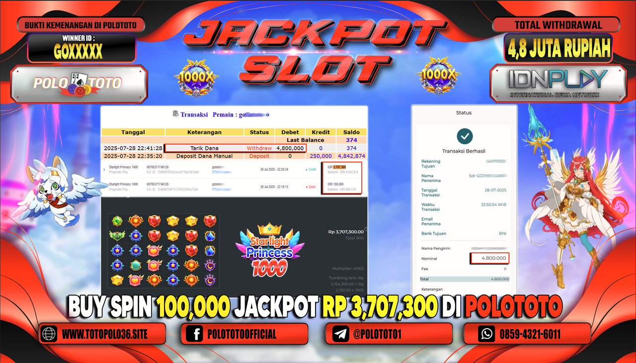 POLOTOTO JACKPOT SLOT STARLIGHT PRINCESS 1000 Rp.4.800.000,-LUNAS
