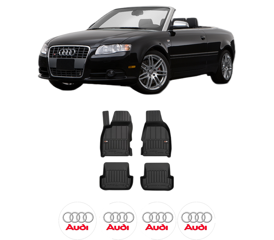 Set covorase presuri AUDI A4 B7 Convertible (8HE) din 2005-2009, auto, din cauciuc thermoplastic, 4 Stickere auto cu AUDI