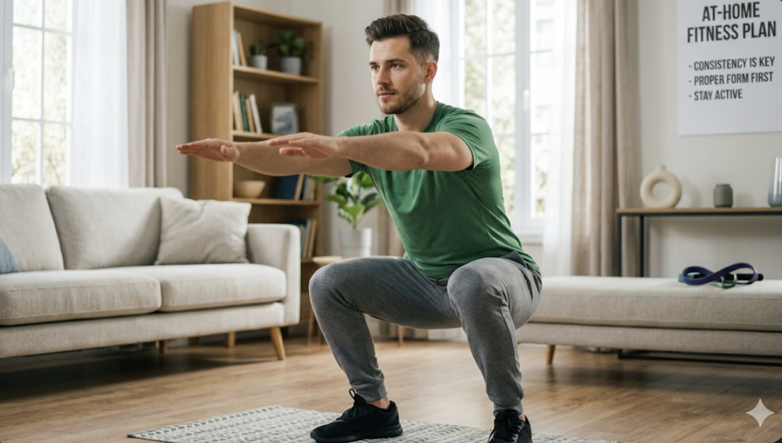 Person demonstrating proper squat form at home with bodyweight, representing beginner home exercises and at home fitness plan