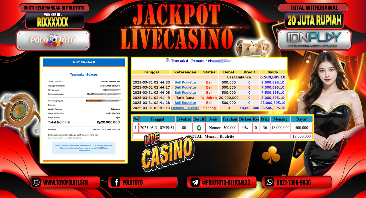 POLOTOTO JACKPOT LIVE CASINO ROULETTE  Rp.20.000.000,- LUNAS